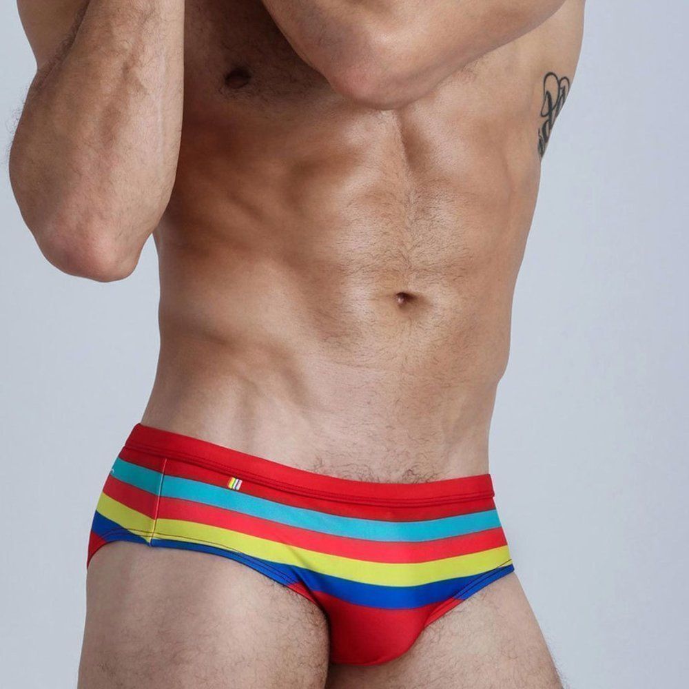 Men's Sexy Swimwear Low-Rise Striped Briefs Resort Beach Pool Party Red XL - Picture 2 of 3